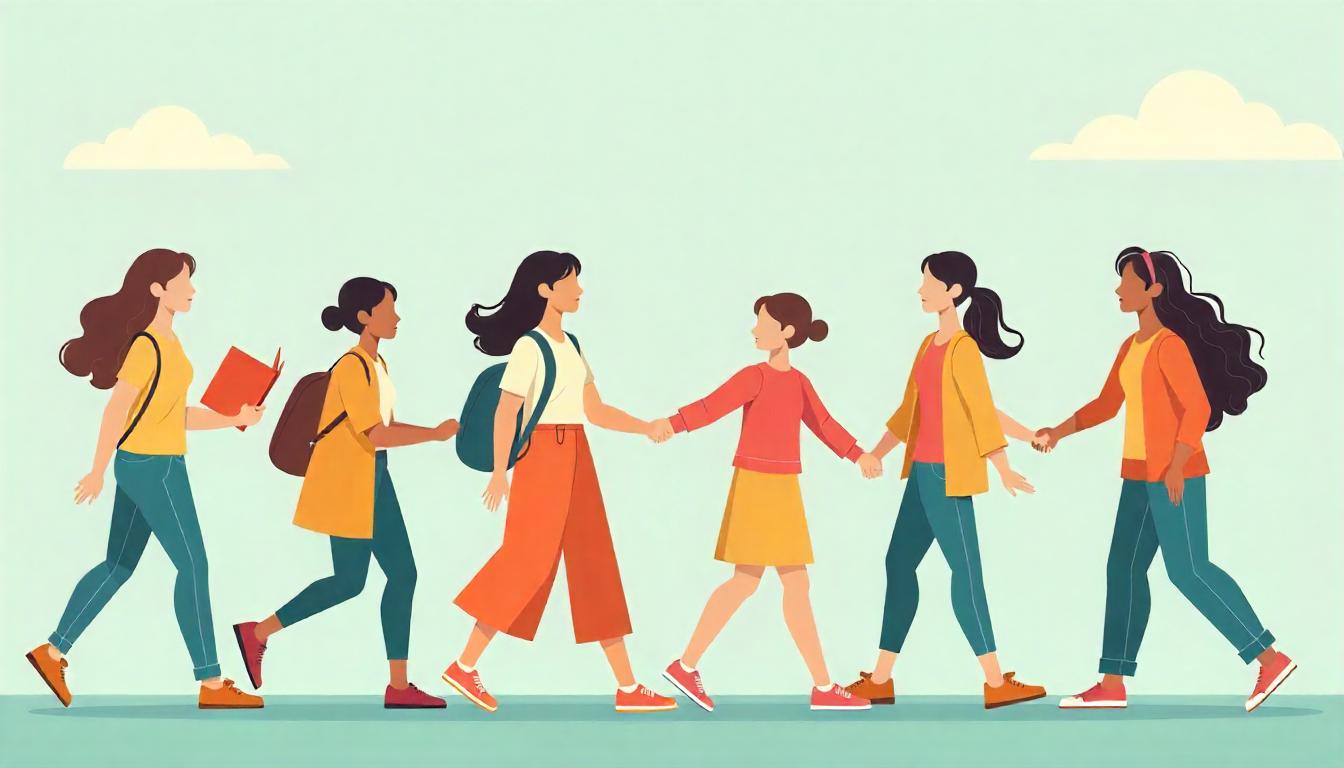 Diverse vrouwen en meisjes die samen lopen en elkaar ondersteunen